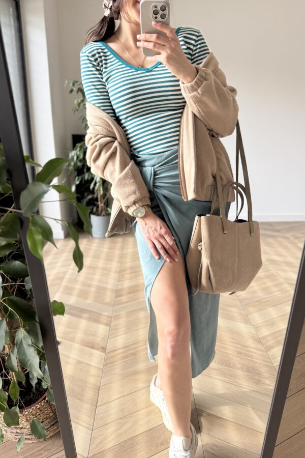 Outlet- Longsleeve w paski morski - cream XS PETITE V dekolt